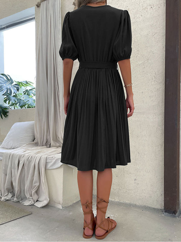 Women’s Solid Color Tie V Neck Pleated Dress