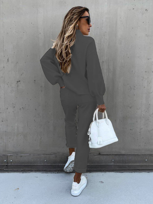 Women’s Solid Color Turtleneck Long Sleeve Casual Suit
