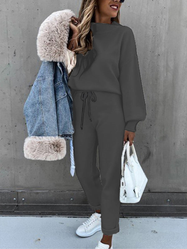 Women’s Solid Color Turtleneck Long Sleeve Casual Suit - Black / S