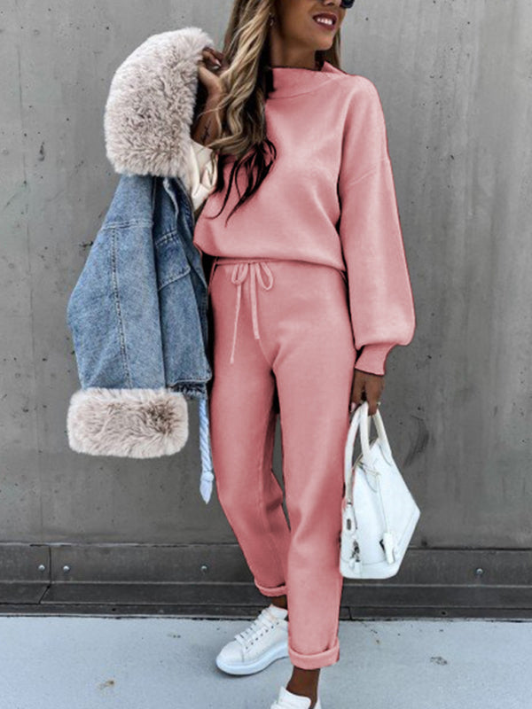 Women’s Solid Color Turtleneck Long Sleeve Casual Suit - Pink / S
