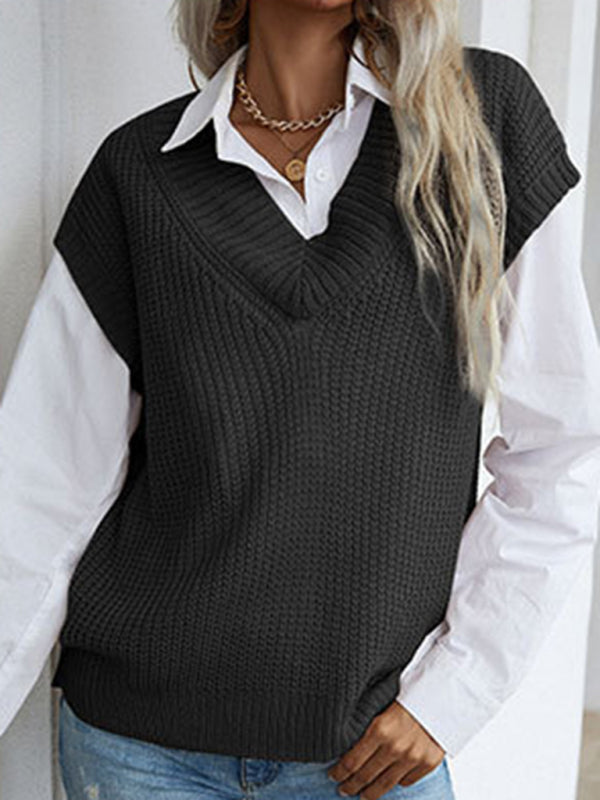 Women’s solid color v-neck knitted sweater vest