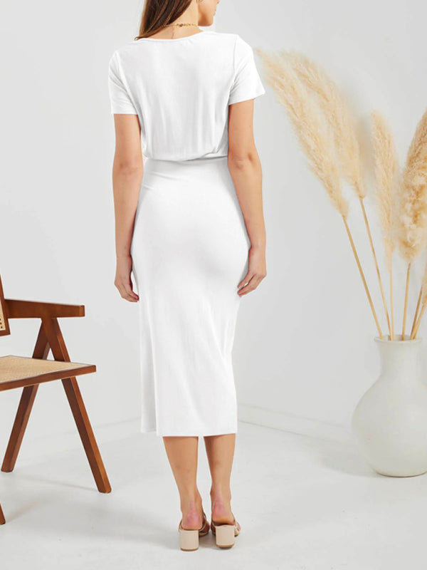 Women’s Solid Color V Neck Short Sleeve Drawstring Slit Dress