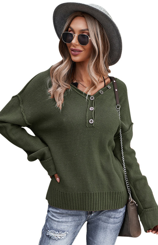 Women's Solid Color V Neck Single Breasted Sweater - Closther