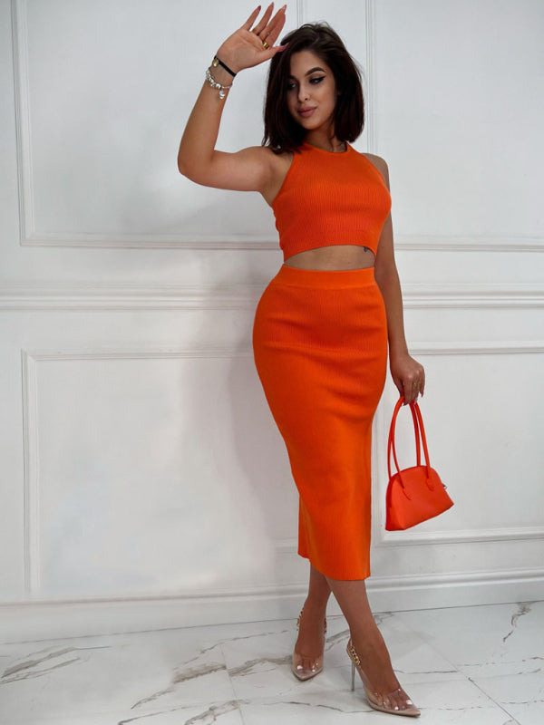 Women’s Solid Color Vest Top Slim Fit Slit Skirt Two Piece Set - Orange / XS