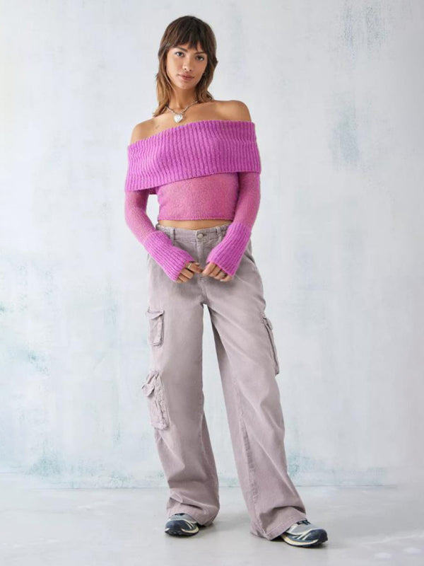 Women’s Solid Knit Polyester Sweater with Slight Elasticity