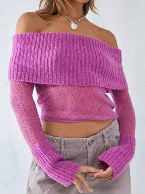 Women’s Solid Knit Polyester Sweater with Slight Elasticity - Pink / M