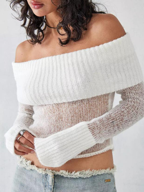 Women’s Solid Knit Polyester Sweater with Slight Elasticity - White / S