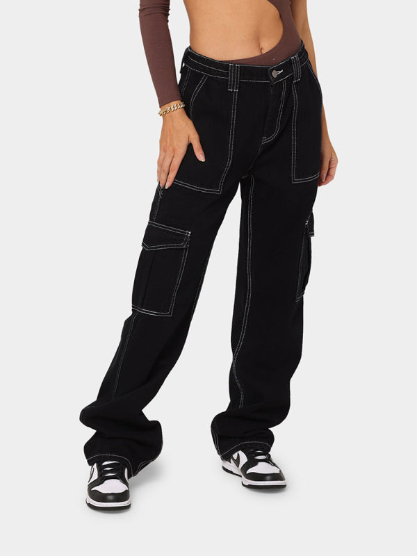 Women’s Solid Multi-Pocket Cargo Jeans - Black / S
