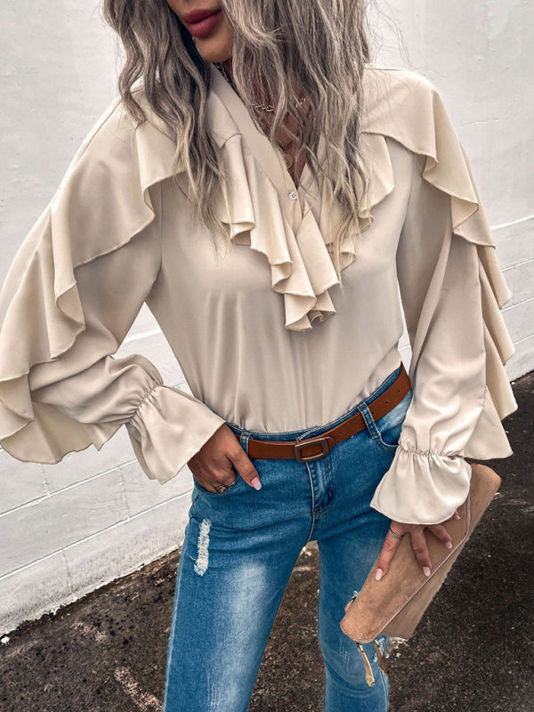 Women's Solid V-Neck Ruffle Panel Top - Closther