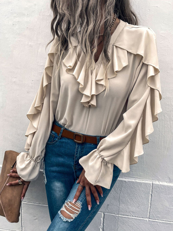 Women's Solid V-Neck Ruffle Panel Top - Closther