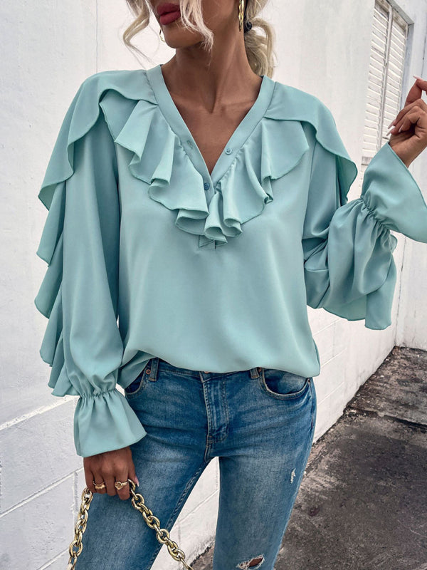 Women's Solid V-Neck Ruffle Panel Top - Closther