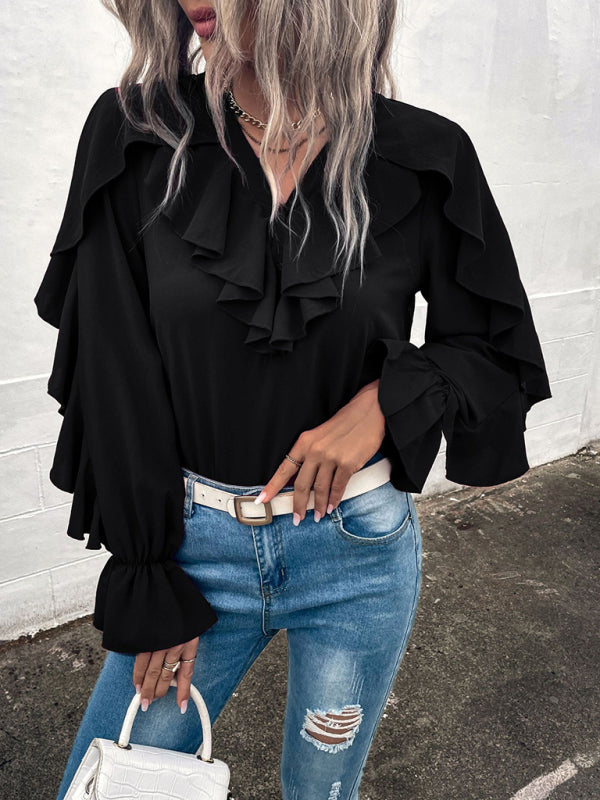 Women's Solid V-Neck Ruffle Panel Top - Closther