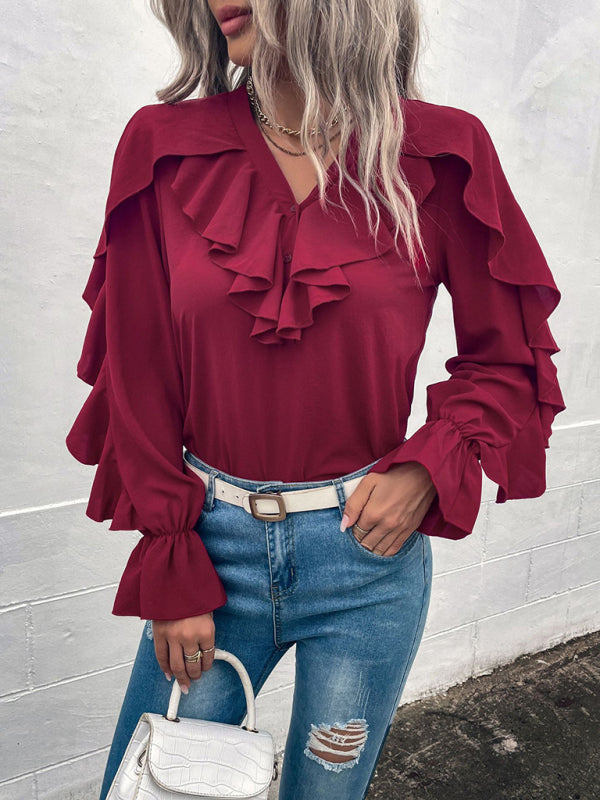 Women's Solid V-Neck Ruffle Panel Top - Closther