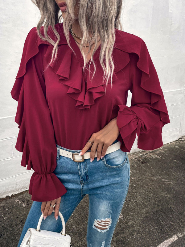 Women's Solid V-Neck Ruffle Panel Top - Closther