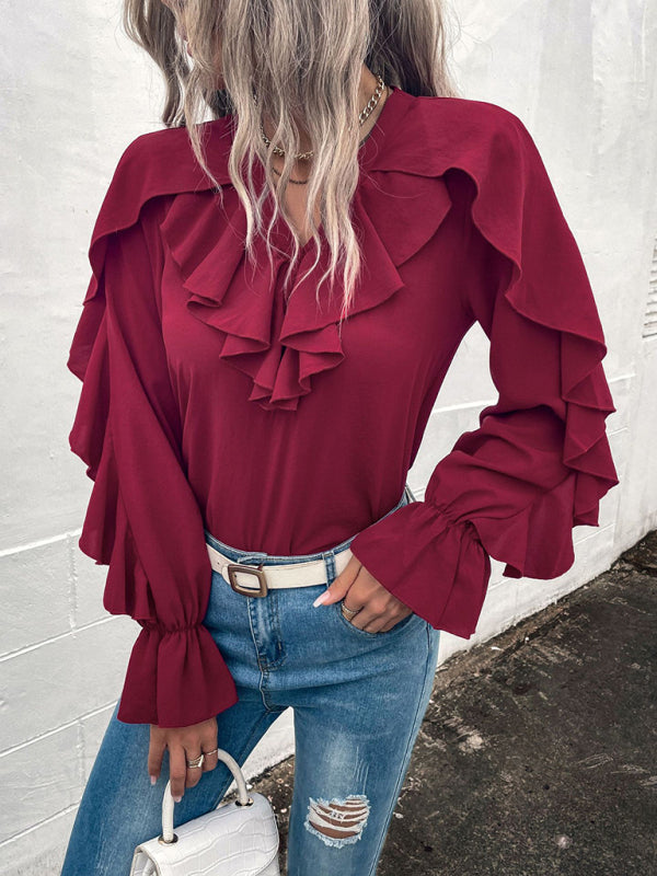 Women's Solid V-Neck Ruffle Panel Top - Closther