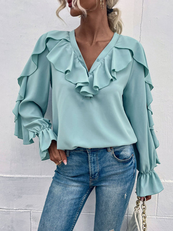 Women's Solid V-Neck Ruffle Panel Top - Closther