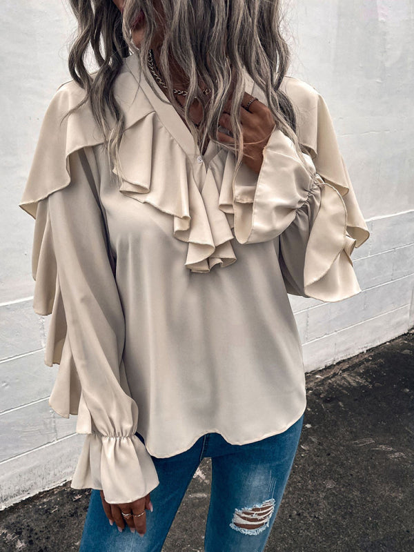 Women's Solid V-Neck Ruffle Panel Top - Closther