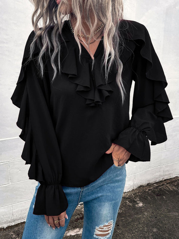 Women's Solid V-Neck Ruffle Panel Top - Closther