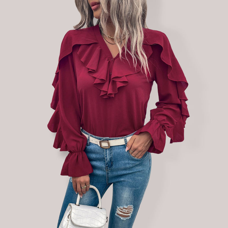 Women's Solid V-Neck Ruffle Panel Top - Closther