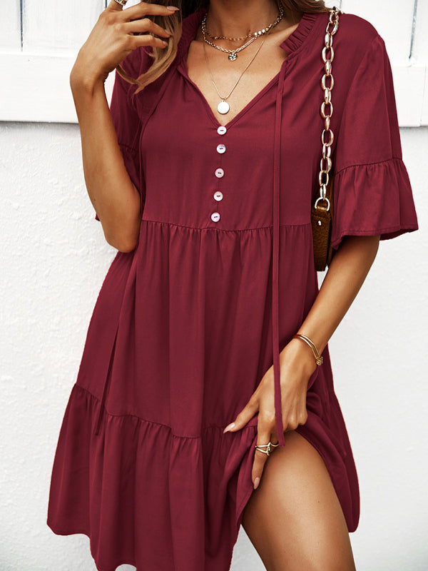 Women’s spring and summer temperament casual solid color sexy dress - Wine Red / S