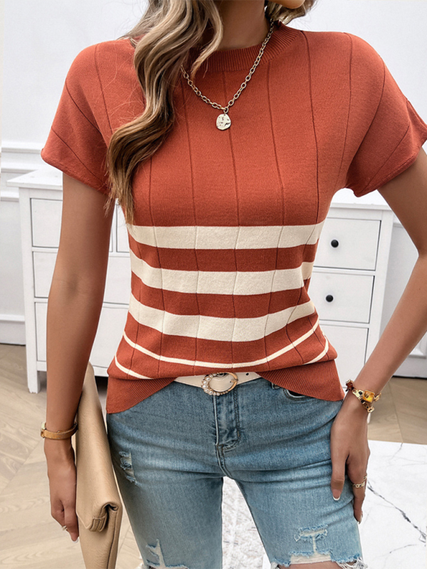 Women’s Spring and Summer Temperament Slim Striped Sweater - Orange Red / S