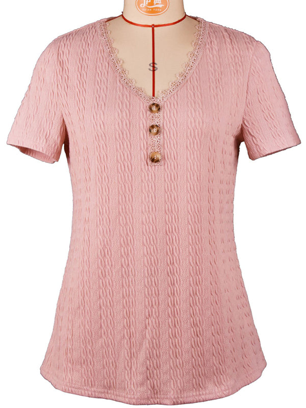 Women’s spring new V-neck lace jacquard loose short-sleeved long top