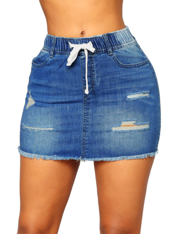 Women’s Spring/Summer Drawstring Hole Pack Hip Denim Short Skirt - Blue / S