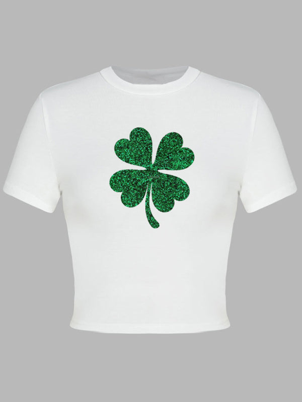 Women’s St. Patrick’s Day Green Leaf Print Round Neck Short T-Shirt (Multiple Pictures Available)