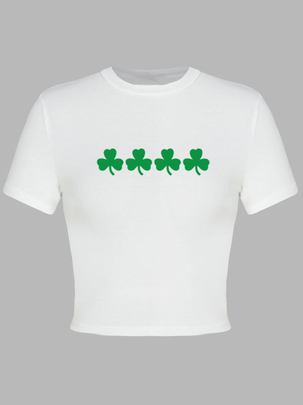 Women’s St. Patrick’s Day Green Leaf Print Round Neck Short T-Shirt (Multiple Pictures Available)