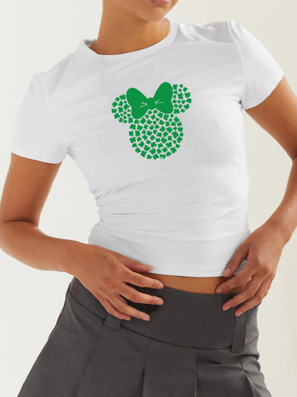 Women’s St. Patrick’s Day Green Leaf Print Round Neck Short T-Shirt (Multiple Pictures Available) - Fruit green / S