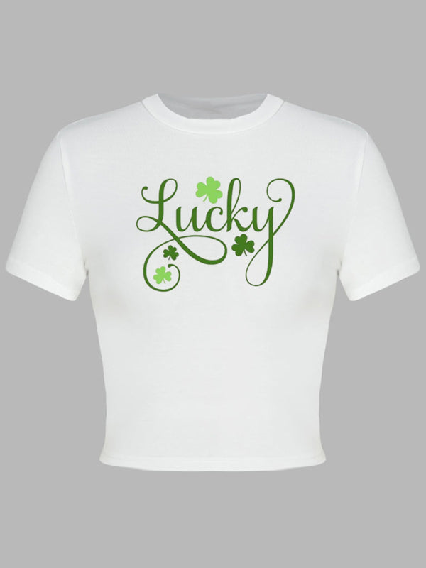 Women’s St. Patrick’s Day Green Leaf Print Round Neck Short T-Shirt (Multiple Pictures Available)