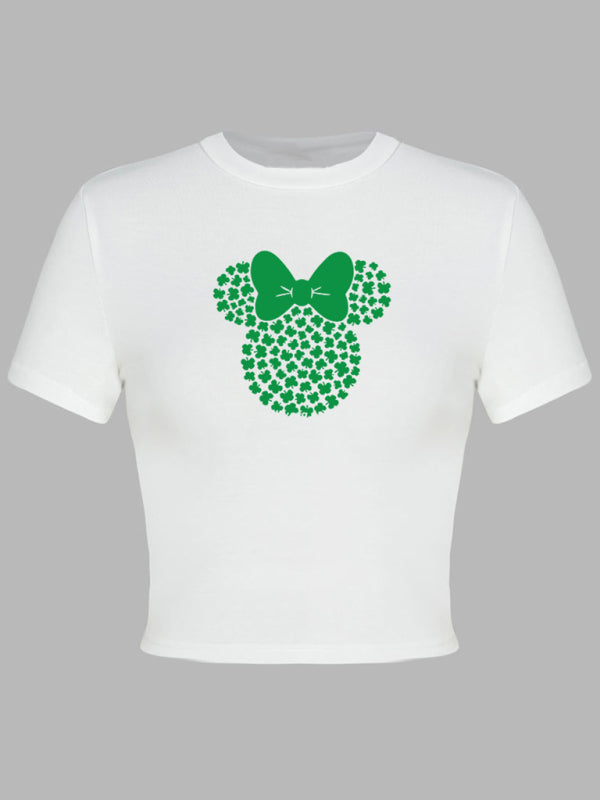 Women’s St. Patrick’s Day Green Leaf Print Round Neck Short T-Shirt (Multiple Pictures Available)