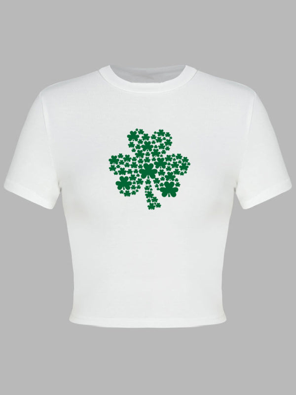 Women’s St. Patrick’s Day Green Leaf Print Round Neck Short T-Shirt (Multiple Pictures Available)