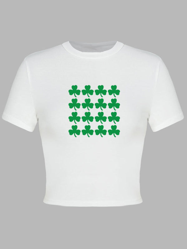 Women’s St. Patrick’s Day Green Leaf Print Round Neck Short T-Shirt (Multiple Pictures Available)