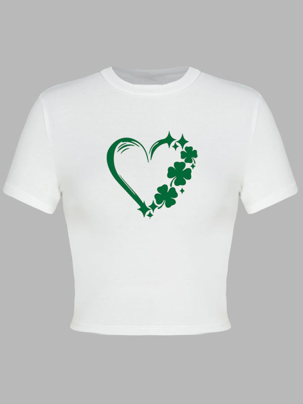 Women’s St. Patrick’s Day Green Leaf Print Round Neck Short T-Shirt (Multiple Pictures Available)