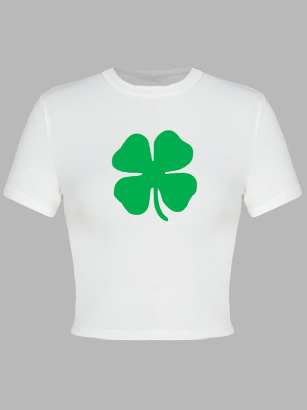 Women’s St. Patrick’s Day Green Leaf Print Round Neck Short T-Shirt (Multiple Pictures Available)