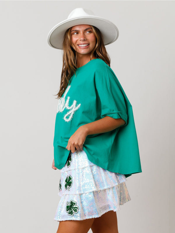 Women’s St. Patrick’s lucky sequined top loose T-shirt
