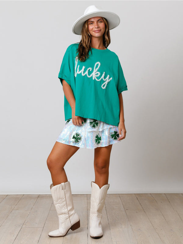 Women’s St. Patrick’s lucky sequined top loose T-shirt