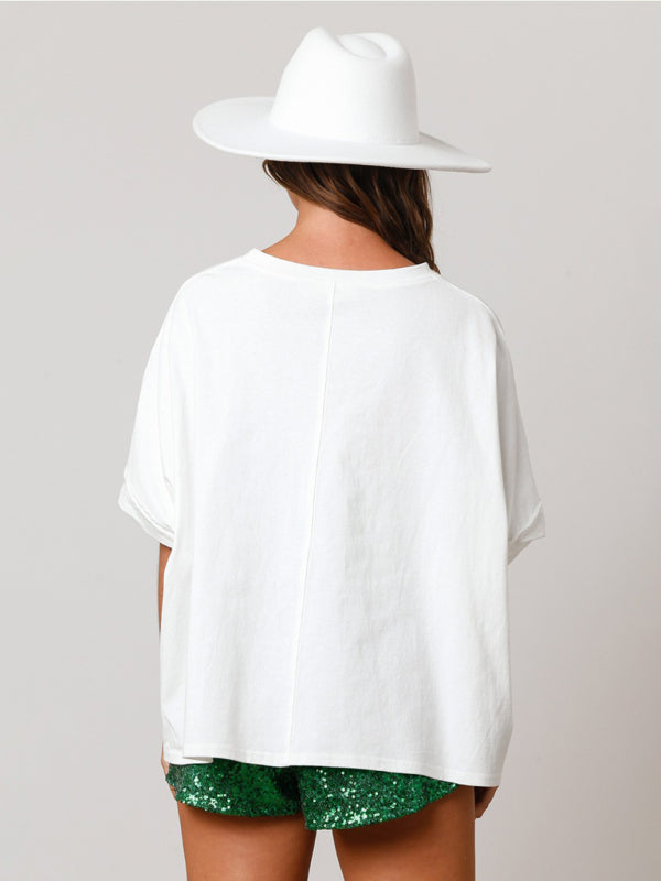Women’s St. Patrick’s sequin top loose T-shirt