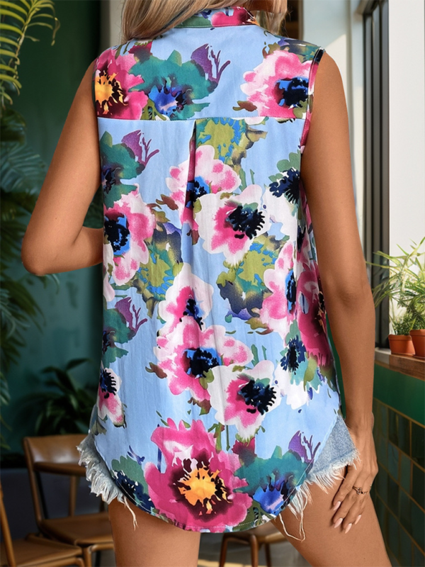 Women’s Stand Collar Printed Sleeveless Shirt