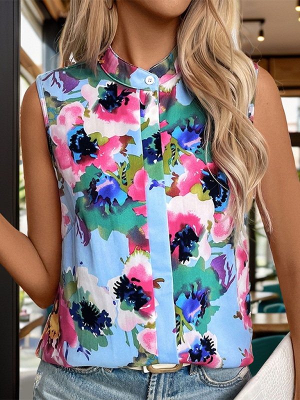 Women’s Stand Collar Printed Sleeveless Shirt