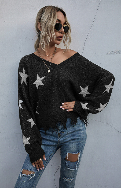 Women’s Star Pattern V-Neck Fringe Women’s Knit Sweater - Black / S