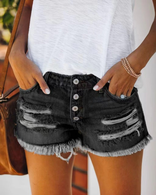 Women’s Straight-breasted ripped fringed denim shorts - Black / S