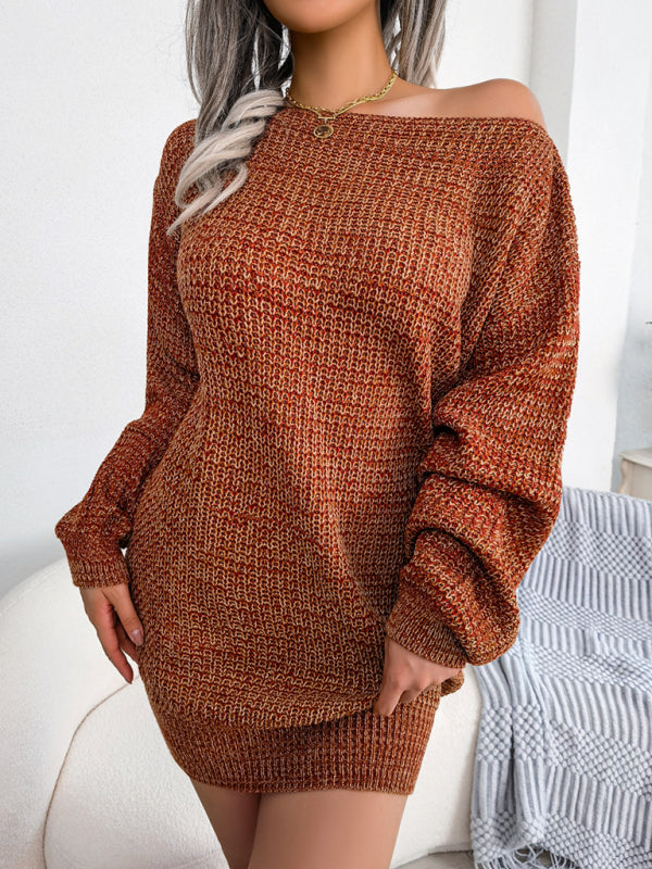 Women’s straight neck off shoulder colorful lantern sleeve knitted wool dress