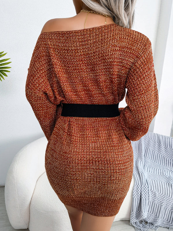 Women’s straight neck off shoulder colorful lantern sleeve knitted wool dress