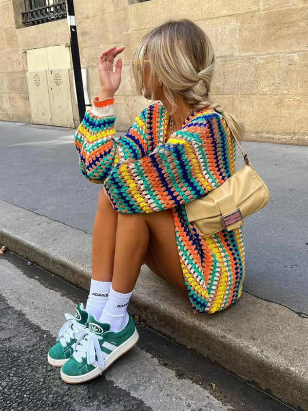 Women’s Street Fashion Cardigan Multicolor Hand Crochet Sweater