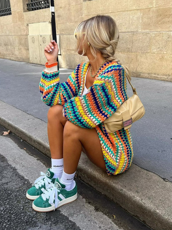 Women’s Street Fashion Cardigan Multicolor Hand Crochet Sweater