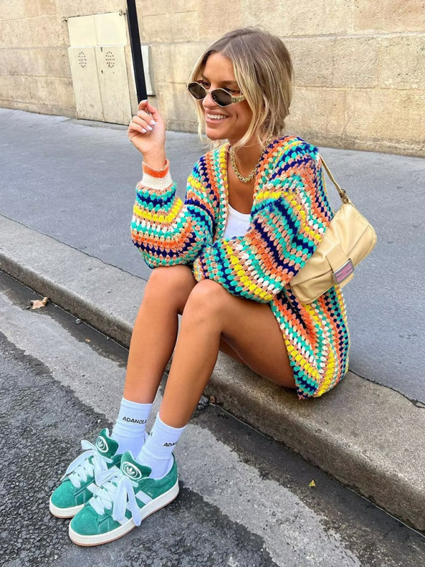 Women’s Street Fashion Cardigan Multicolor Hand Crochet Sweater - Photo Color / S