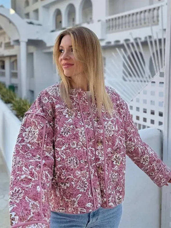 Women’s Street Fashion Retro Style Printed Cotton Jacket - Pink / S