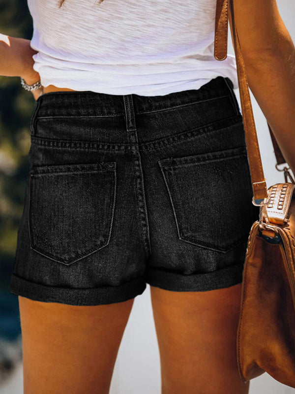 Women’s Stretch Mid Rise Denim Shorts with Holes